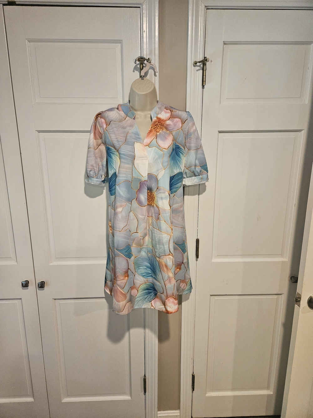 Pastel Floral Shift Dress in Blue & Peach